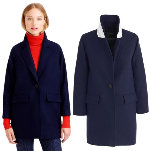 J. Crew Wool Blend Melton Boyfriend Coat One Button Navy Blue Size 12 - Picture 1 of 12